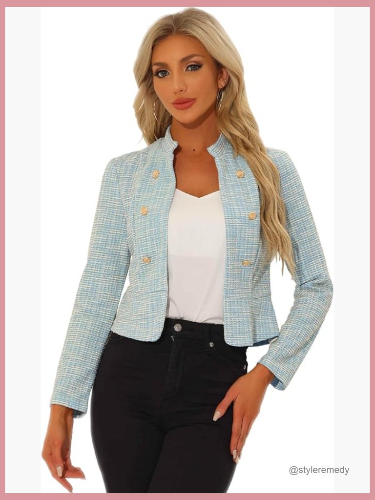 Stretchy Tweed Cropped Blazer Stand Collar Business Casual